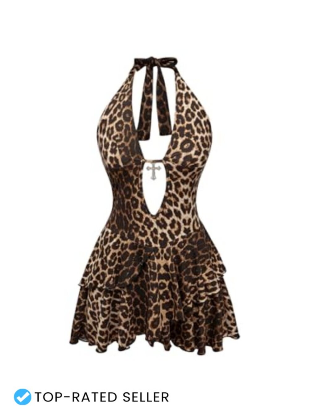 Leopard Print Halter Deep V Neck Mini Dress